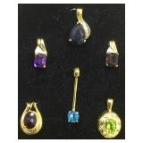6 STERLING PENDANTS, VARIOUS GEMSTONES