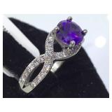 STERLING RING W/ PURPLE GEMSTONES, SIZE 6