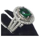 STERLING RING W/ GREEN/CLEAR GEMSTONES, SIZE 6.5