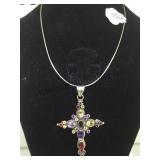 STERLING GEMSTONE CROSS CHOKER NECKLACE