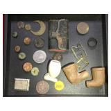 TRAY OF CIVIL WAR DUG UPS, INC. BUTTONS, PIPE