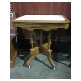 VINTAGE WOODEN TABLE W/ MARBLE TOP & CASTERS