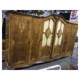 11 FT LONG CARVED WOOD W/INLAY 3 SECTION WARDROBE