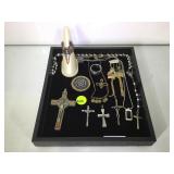 Tray lot of crosses and costume jewelry