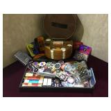Tray lot of new dice, prototype poker chips and