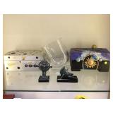 Pair of decorated boxes, brass sun and moon