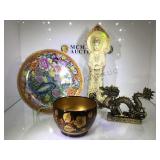 ASIAN STYLE RESIN STATUE, DRAGON BOWL & PLATE