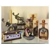 VINTAGE LIQUOR DECANTERS & A JESTER