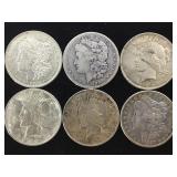 MORGAN & PEACE SILVER DOLLARS, 6 X $