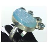 STERLING RING W/AQUA DRUZY & TOPAZ , SIZE 9