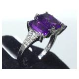 STERLING RING W/AMETHYST/DIAMONDS, SIZE 7