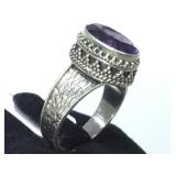 STERLING RING W/PURPLE GEMSTONE, SIZE 8.5