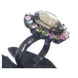 STERLING RING W/SMOKEY QUARTZ& TOURMALINE