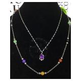 2 STERLING CHAIN NECKLACES W/ PURPLE GEMS & BEADS