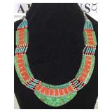 STERLING TIBETAN STYLE NECKLACE W/TURQUOISE/CORAL
