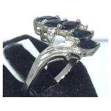 STERLING RING W/ DARK BLUE GEMSTONES, SIZE 7.5
