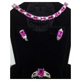 STERLING BRACELET, EARRINGS & RING SET, PINK GEMS