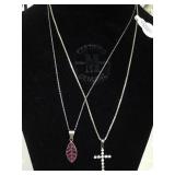 PAIR OF STERLING CHAINS W/LEAF PATTERN, CROSS