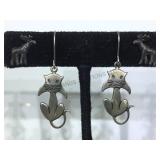 2 PAIRS OF STERLING EARRINGS, CATS & A MOOSE