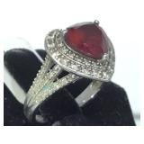 STERLING HEART RING W/ RED GEMSTONE, SIZE 6.5