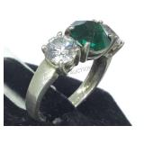 STERLING RING W/ GREEN & CLEAR GEMS, SIZE 6.5