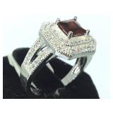 STERLING RING W/RED & CLEAR GEMS, SIZE 8.5