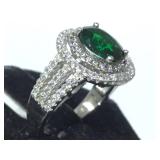 STERLING RING W/ GREEN & CLEAR GEMS, SIZE 6