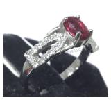STERLING RING W/ RED GEMSTONE, SIZE 6