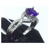 STERLING RING W/ PURPLE & CLEAR GEMS, SIZE 6
