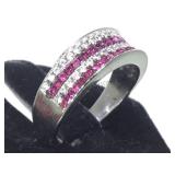 STERLING RING W/1CT RUBY/WHITE TOPAZ, SIZE 6.5