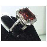 STERLING RING W/ RED & CLEAR GEMS, SIZE 7