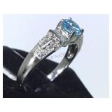 STERLING RING W/LIGHT BLUE/CLEAR GEMS, SIZE 9