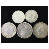 3 SILVER CANADA HALF DOLLARS & 2 QUARTERS