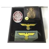 LACQUERED TRINKET BOX W/HITLER IMAGE, NAZI PATCHES