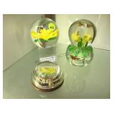 4 GLASS PAPERWEIGHTS, FLORAL & MORE
