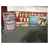 VINTAGE IRESTONE METAL SIGN, 7-UP  BUDWEISER TIN