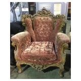 ORNATELY CARVED UPHOLSTERED 3 PARTITION CHAIR