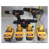 2 Ryobi power drills, 4 Ryobi batteries &