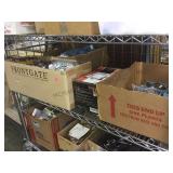 Shelf lot of assorted hardware, vise and more