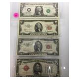 Federal reserve $1 star note, $5 red seal & 2 $2
