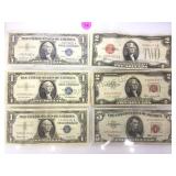 Silver certificate $1 star note, 2 red seal $2