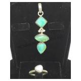 Sterling  pendant w/green gems & ring