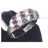 Sterling ring w/ red & clear gemstones, size 8.5