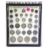 Framed U.S. twentieth century type coins