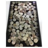 Tray of coinage, pennies, nickels, dimes,