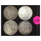 1883,1885,1886 & 1879 Morgan silver dollars, 4 x $