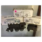 3 diecast metal  coin banks & cast iron train