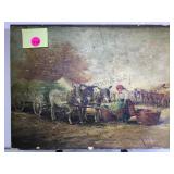 Oil/canvas woman w donkey cart painting, artist
