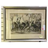 Framed watercolor/paper of Indian camp, artist