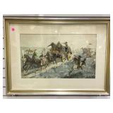 Framed watercolor/paper of Indian Attack , artist